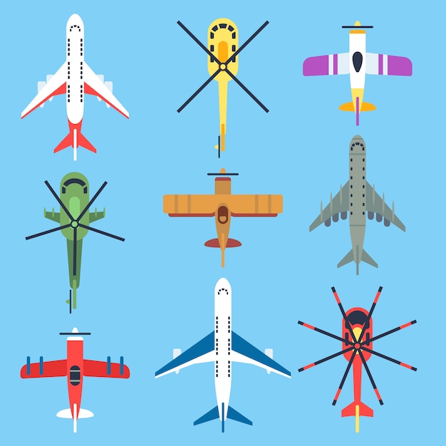 Vector airplane, plane, helicopter, jet top view flat icons.