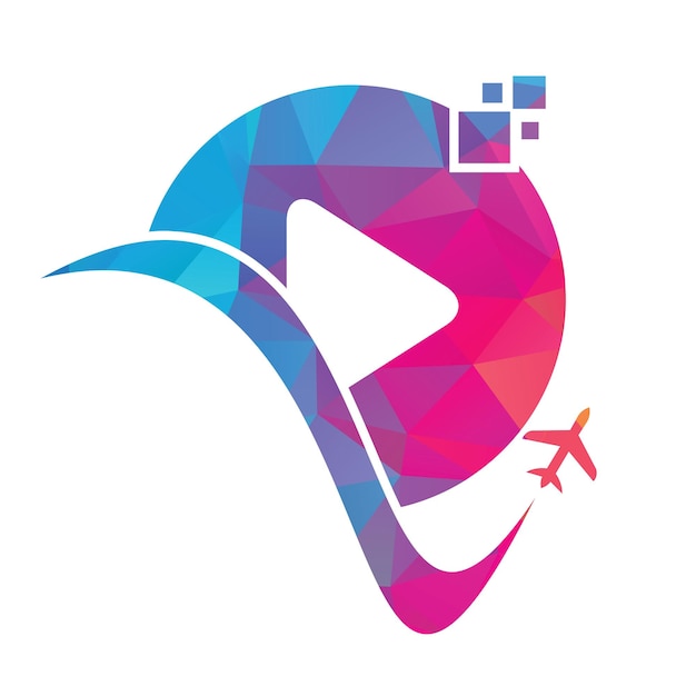 飛行機の再生ボタンのロゴデザイン 飛行機とレコードのシンボルまたはアイコン 旅行メディアのロゴデザイン
