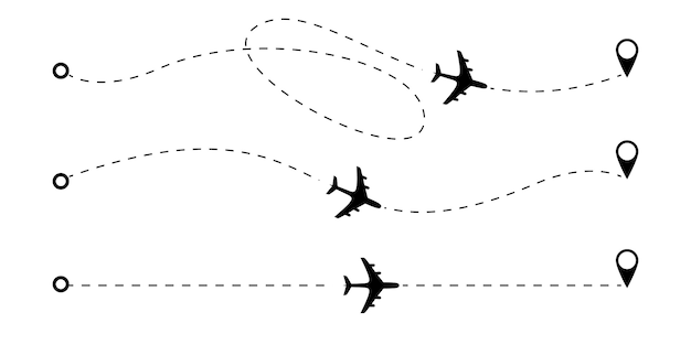 Vettore linee tratteggiate della rotta dell'aeroplano.