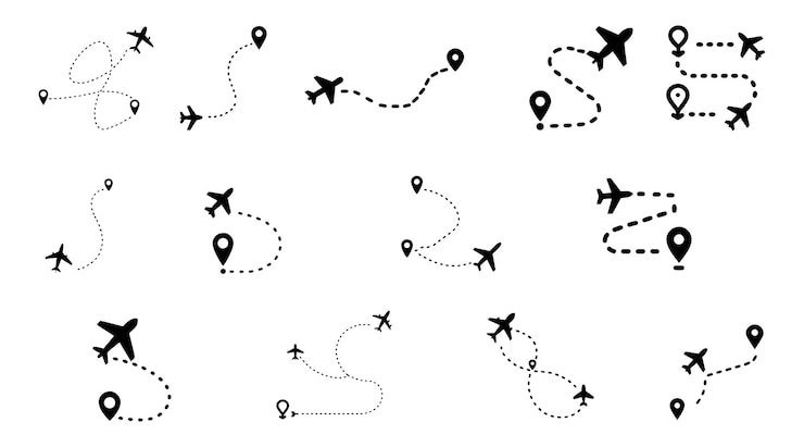 Vector airplane route icons set flight path dotted line vector
