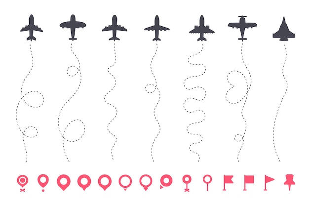 Vector airplane routes. travel  icon. travel from start point and dotted line tracing.