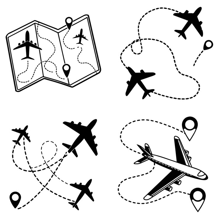 Vector airplane routes vector set line path vector icons of air plane flight routes