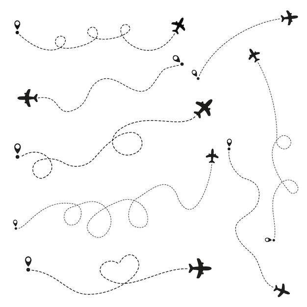 Vector airplane routes on white background romantic travel concept airplane line path vector icon