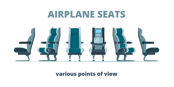 Vector airplane seat. aircraft interior armchairs in different side view flat pictures. illustration seat interior aircraft, comfort chairs