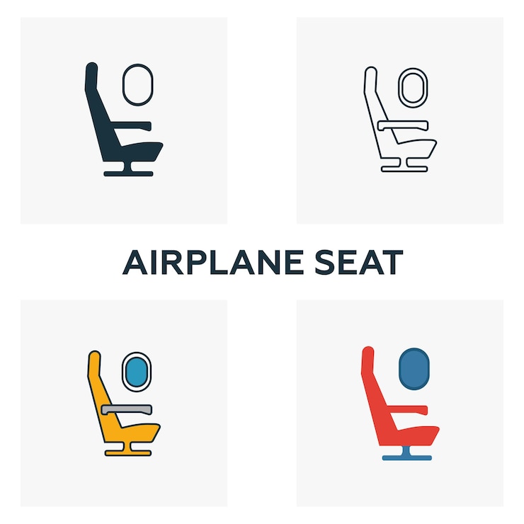 Vector airplane seat icon set four elements in diferent styles from airport icons collection creative airplane seat icons filled outline colored and flat symbols