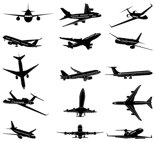 airplane set black silhouette collection vector