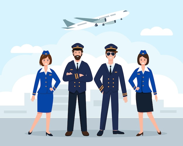 Airplane staff or crew at the airport or pilot assistants and stewardesses in uniform