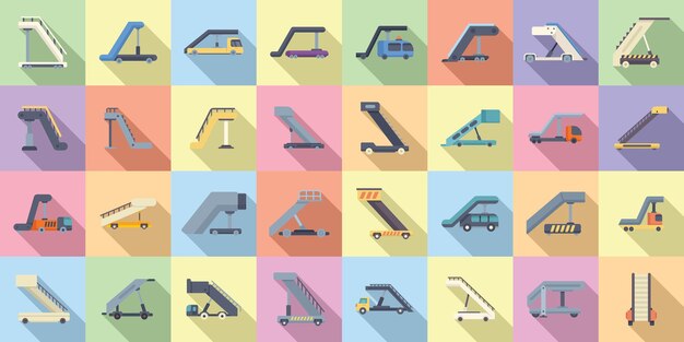 Vector airplane stairs icons set flat vector engine plane arrival staff