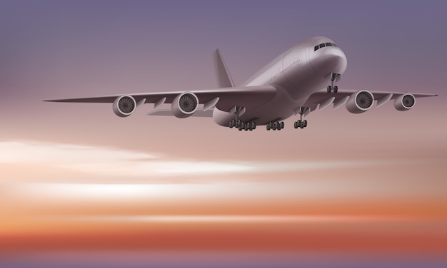 airplane on the sunrise or sunset sky background Perspective view