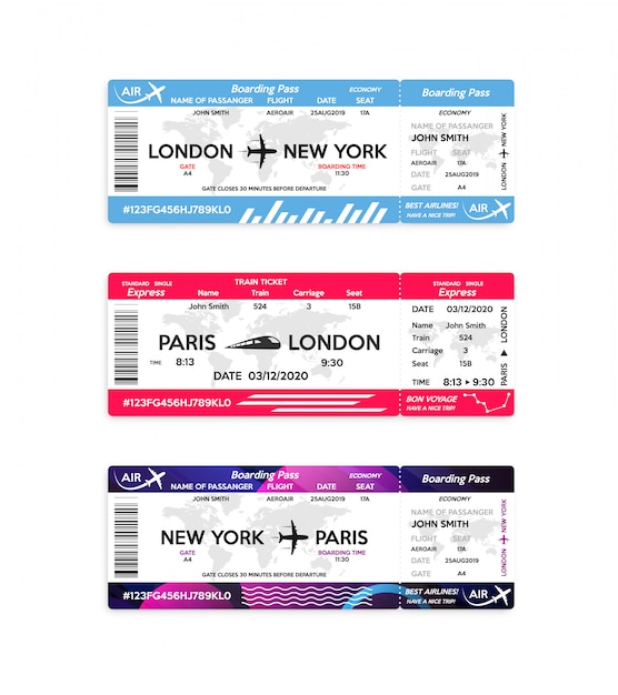 Vector airplane and train boarding pass ticket isolated on white . concept of travel, journey or business trip.