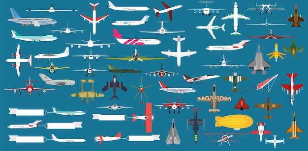 Vector airplane transportation plane and fly travel transport icon aircraft set flight and aeroplane