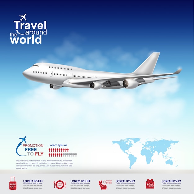 Vector airplane travel around the world banner