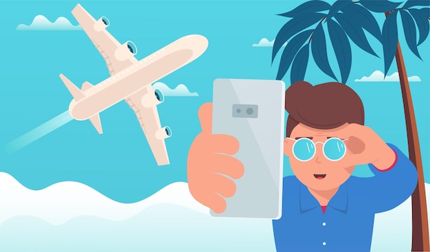 Airplane travel man makes selfie on background clouds and
airplane concept summer vacations and travel