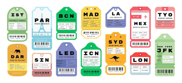 Airplane travel tags Airport baggage tickets with stamps Bright badges set for tourists luggage Airline coupons from different cities Vector labels with tear off line and barcode