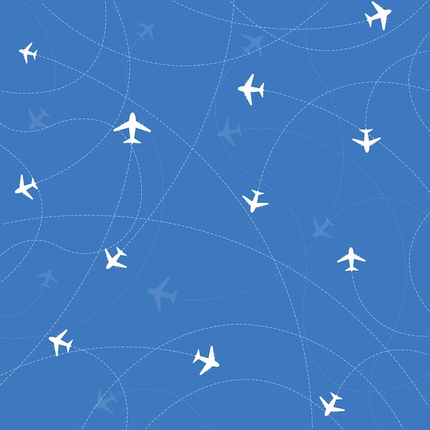 Путешествие на самолетеСамолет с пунктирными линиями маршрутов самолетовВекторная иллюстрация полетов
