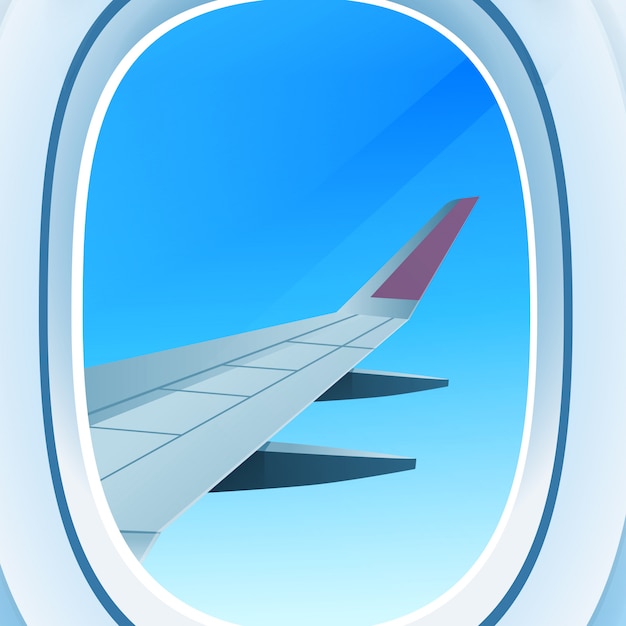 Airplane window opened porthole view into open space sky with\
wing travel tourism air transportation concept flat vector\
illustration