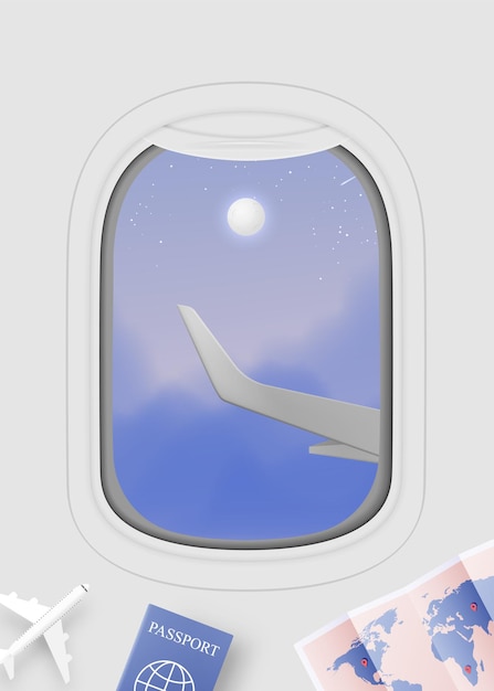 Vector airplane window view  with beautiful night time sky