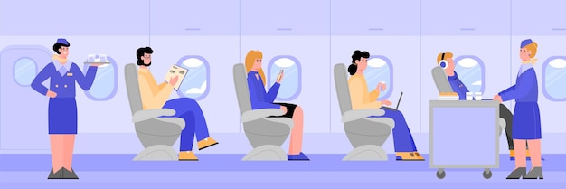 Airplane with passengers and stewardesses flat cartoon vector illustration