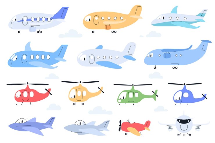 Vector アニメのスタイルの飛行機とヘリコプター 可愛いカラフルな航空輸送