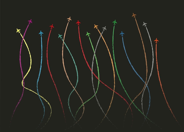 Vector airplanes in random directions minimalistic wallpaper, colorful lines, vector