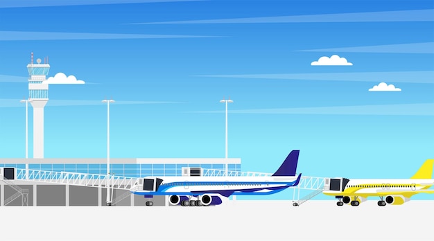 ベクトル 出発ゲートとエアロブリッジに飛行機の航空機が駐車している空港飛行場ターミナルビル