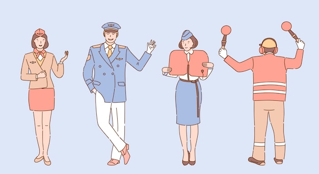 Illustrazione di lavoratori aeroporto e compagnia aerea. personaggi di equipaggio aereo, hostess, pilota e dipendente dell'aeroporto.