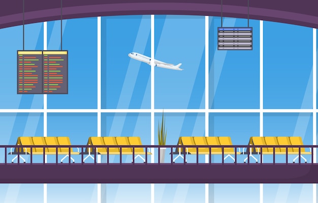 Vector airport airplane terminal gate waiting room hall interior flat illustration