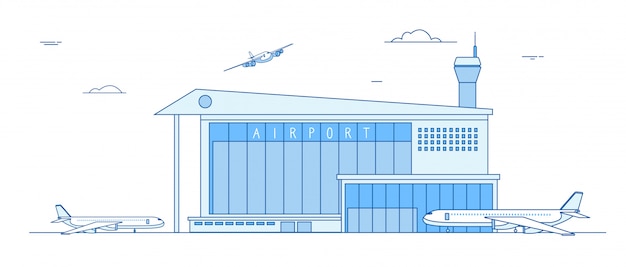 Vector airport buildings. landing airplanes international terminal building aircraft runway business cargo transportation