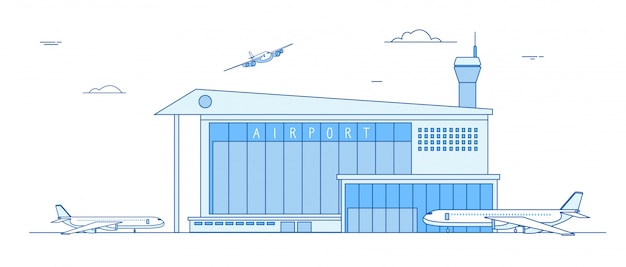 벡터 공항 건물. 착륙 비행기 국제 터미널 빌딩 항공기 활주로 사업화물 운송