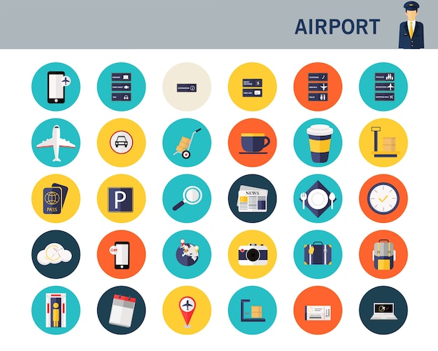 Vector airport concept flat icons.