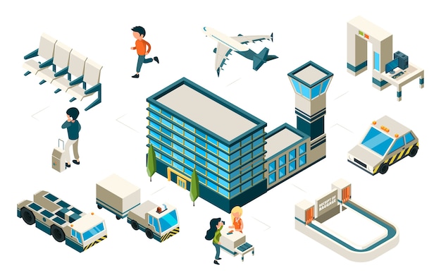 Airport concept. isometric plane airport building passengers vehicles.  transport elements. illustration plane and isometric airport, passenger and terminal