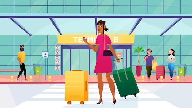 Vector airport concept with people scene in the background cartoon style woman with a suitcases