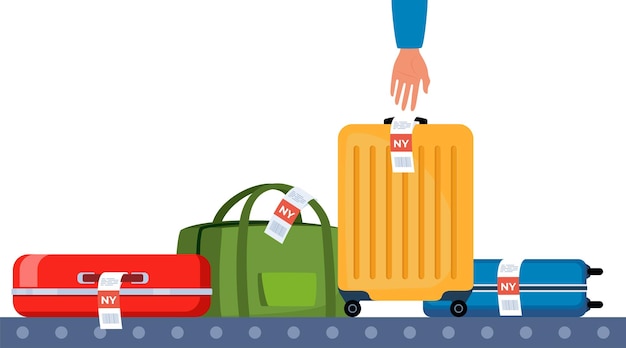 ベクトル 空港の輸送ベルトと荷物 カルーセルシステムと旅行スーツケースとバッグ