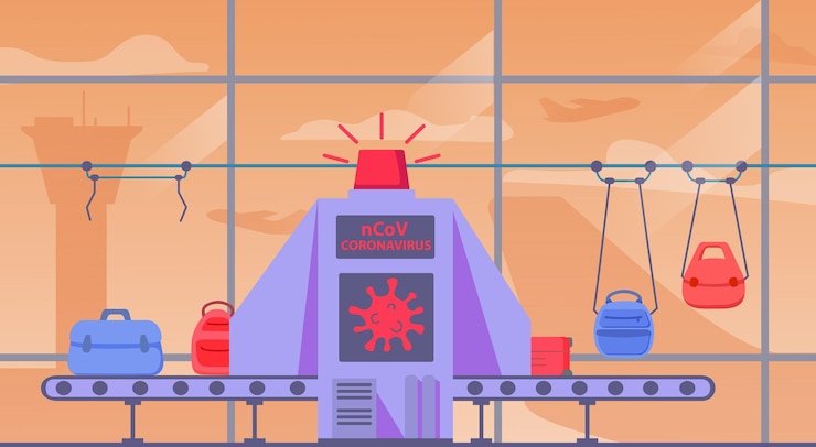 Vector airport conveyor belt with passenger suitcasebaggage carousel and scan threat of coronavirus