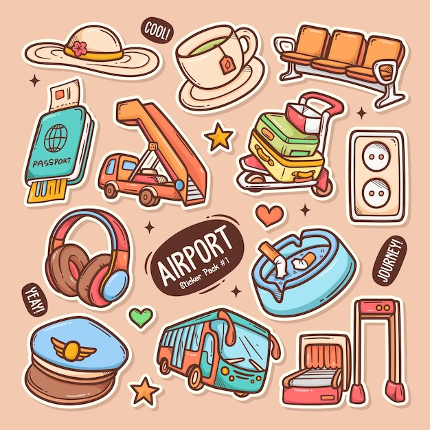 Airport Cute Doodle Vector Sticker Collection