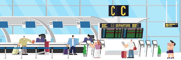 Airport departure with passenger check in flight register  with luggage in queue check in counter