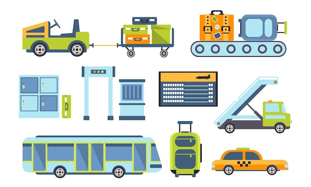 Vector airport design elements set different transport types service facilities security checkpoint vector illustration