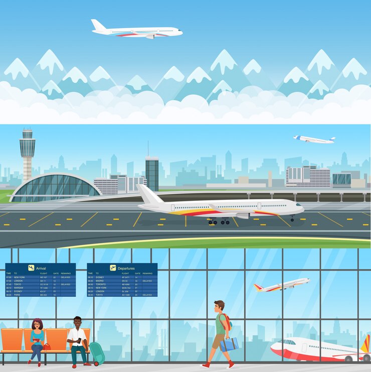 Airport detailed horizontal banners. Waiting room in terminal with passengers people. Travel concept flying aircraft with mountains in clouds.