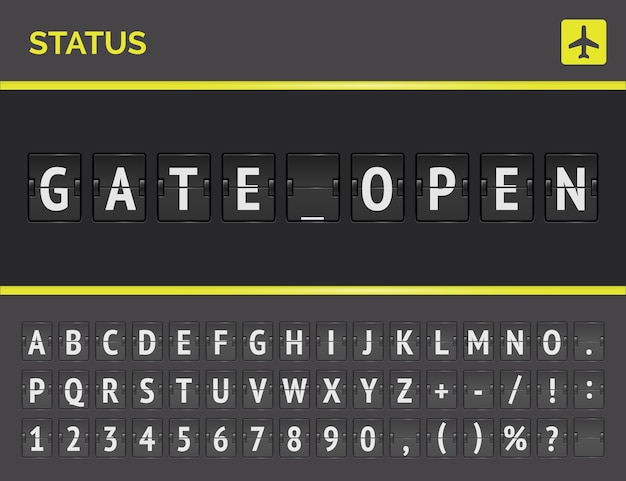 Airport flight status board with realistic flip font for flights status gate open