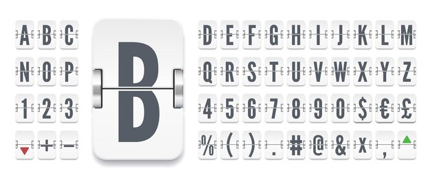 空港のフリップボード: 航空機の出発時や財務情報の数字やシンボルを記載した機械的なabc 株式取引所のベクトルイラストを表示する白いターミナルスコアボードフォント