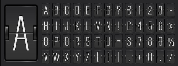 Vector airport flip board mechanical light alphabet with numbers for flight departure or arrival information showing vector illustration