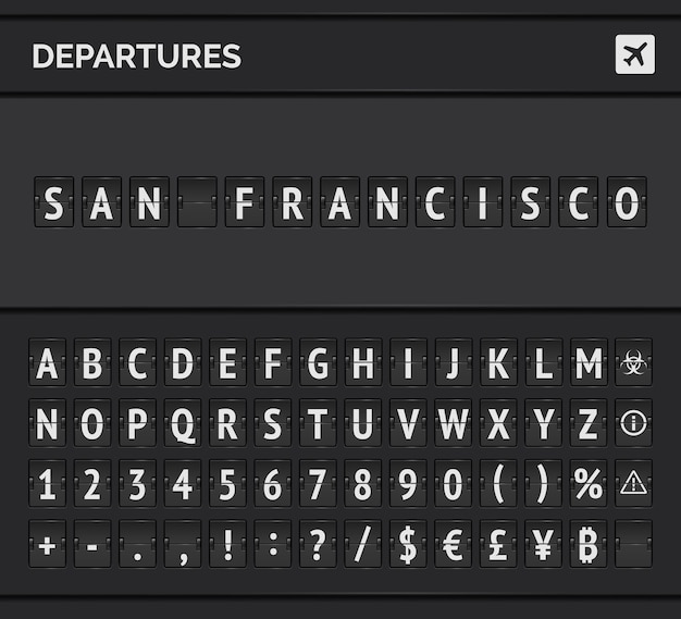 米国のサンフランシスコへの出発を示す空港フリップフォントと飛行機のアイコン