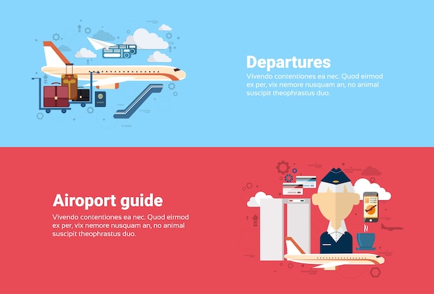 Vector airport guide departure airplane transportation air tourism web banner flat vector illustration