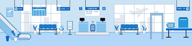 Interno dell'aeroporto con banco del check-in e illustrazione vettoriale del fumetto del cancello