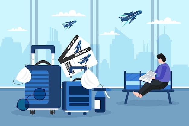 Vector airport interior with suitcases and plane taking off on background