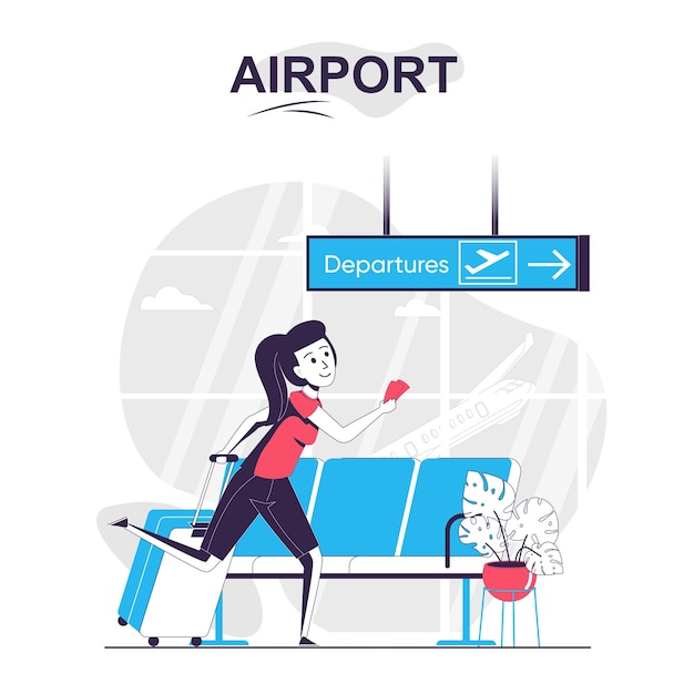 Airport isolated cartoon concept Woman with luggage hurries to board plane traveling