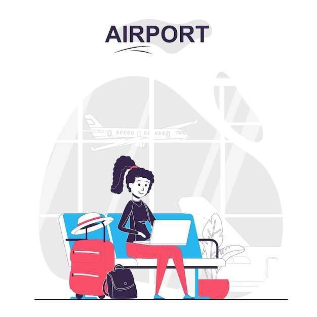 airport isolated cartoon concept woman with luggage works at laptop in waiting room