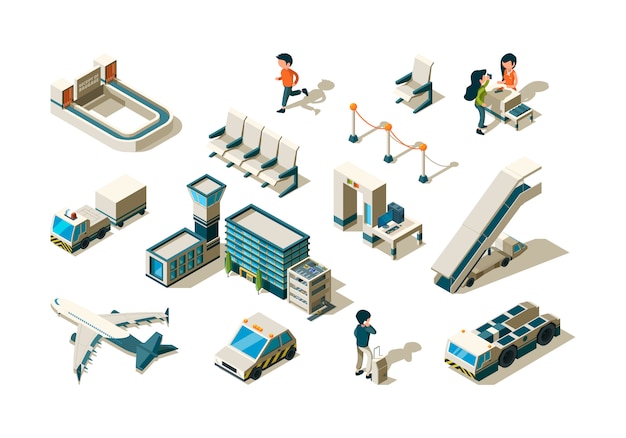 Vector airport isometric. terminal equipment security controlling passengers baggage ladder entrance station arrival service  collection