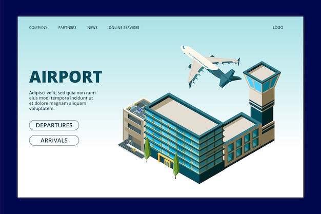 공항 방문 페이지 템플릿. 3D 공항 터미널 및 비행 비행기 그림입니다. 비행기와 3d 터미널 공항 웹 페이지