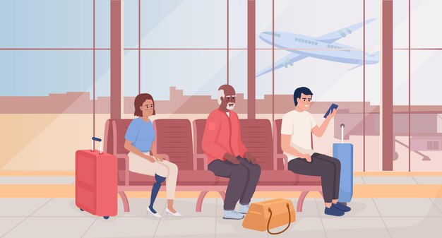 Airport lounge flat color vector illustration